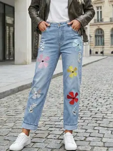 Women's Floral Embroidered Ripped Jeans, Light Wash, Washed Effect, Back Pocket Rips, Elegant Flower Pattern Embroidery, Stylish Denim Jeans Pants