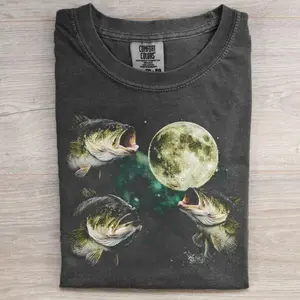 Bass Fishing Moon T-Shirt, Largemouth Bass Graphic Tee, Fisherman Night Fishing Shirt, Outdoor Angler Gift, Vintage Fishing Art Tee, Unisex Crew Neck T-Shirt, Gift for Men, Gift for Women, Trending T-shirt