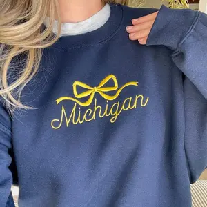 MICHIGAN Bow Sweatshirt, Cute Michigan Embroidered Sweatshirt, Women’s Michigan Sweatshirt, University of Michigan Sweatshirt For Women