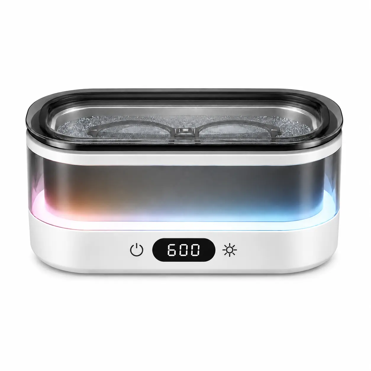 Ultrasonic cleaner specifically designed for jewelry, eyeglasses, and dental braces; features 7-color LED ambient lighting and a digital timer; ideal for quiet, deep cleaning of rings, dentures, and watches; perfect as a party gift