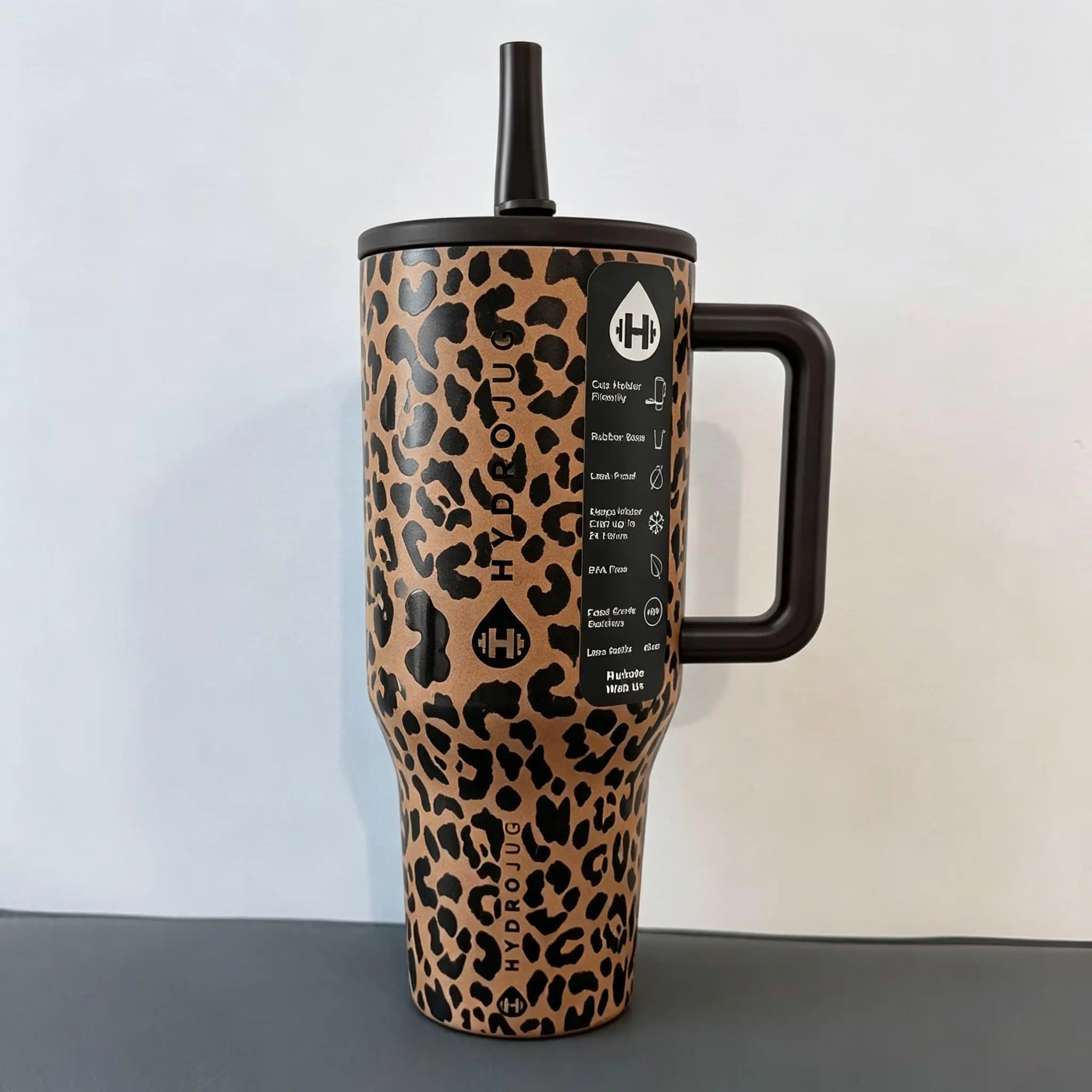 HydroJug 40oz Insulated Stainless Steel Tumbler - Brown Leopard Print, Dark Chocolate Handle & Lid, Straw, Leak-Proof, 24H Cold Retention, BPA-Free, Portable Classic Wide Mouth Flasks, Stylish Mug, Reusable, Drink Bottle Drinkware