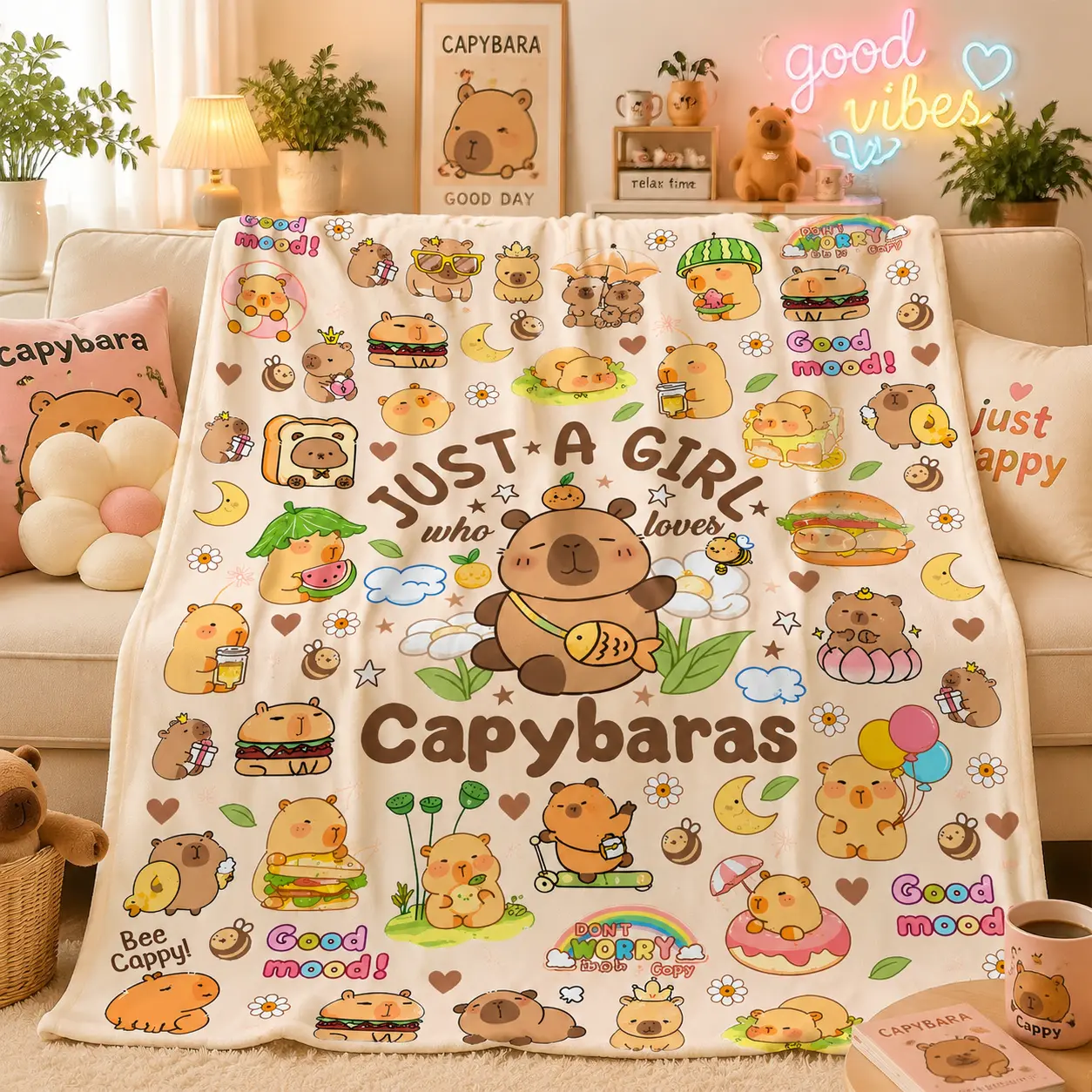 Capybara Blanket Cute Capybara Gift for Girls Boys Kids Teens Adults Cartoon Pattern Throw Blanket Room Decor for Sofa Bed TikTok Trending Cozy Blanket Aesthetic Home Decor Birthday Holiday Gift Idea Capybara Lovers Multi Size Blanket