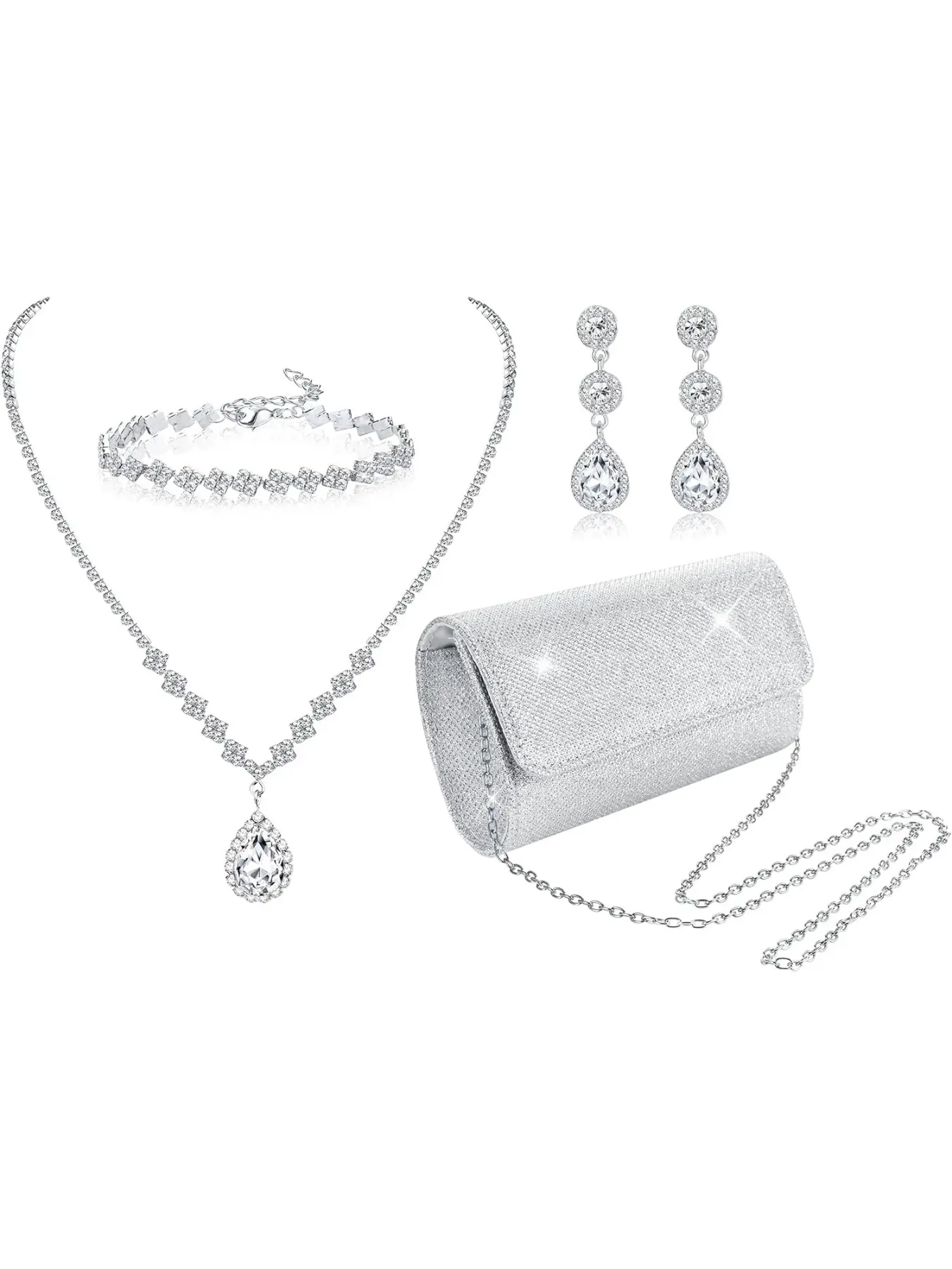 Silver Costume Jewellery For Women Necklace And Earrings Sets Bridal Bracelet Diamante Silver Clutch Bag Wedding Jewellery Sets For Brides Elegant Jewelry Set