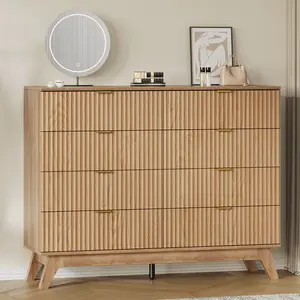 57.1" Fluted Dresser with 9 Drawers, Modern Chest of Drawers with Large Waterproof Top, Wooden Dresser TV Stand, Long Closet Clothes Storage Organizer for Bedroom Living Room, Oak