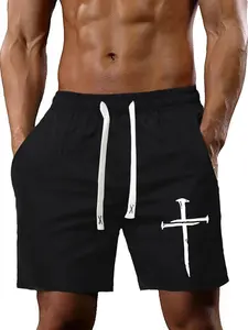 Emo Outfits Men's Stylish Cross Graphic Drawstring Shorts, Regular Fit Casual Breathable Elastic Waist Straight Leg Shorts, Summer Clothes, Shorts for Men, Mens Streetwear Clothing, Menswear, Cross Print Shorts
