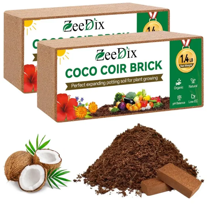 ZeeDix 2 Pcs Coco Coir Brick for Plants- 100% Organic Coconut Coir for Garden Soil & Potting Mix, Low EC and pH Balance, Compressed Coconut Husk Fiber for Seed Starter Soil for Indoor Outdoor Plants