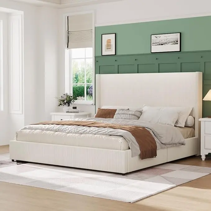 Upholstered Platform Bed Frame with Storage Drawers, Corduroy Wingback with Tufted Headboard and Footboard, No Box Spring Needed, Easy Assembly