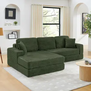 Left Sofa Seat L Shape Modular Sectional Sofa Compressed Corduroy Couch Green Modern Minimalist Style Space Efficient Design Unfold into Bed for Living Room & Bedroom