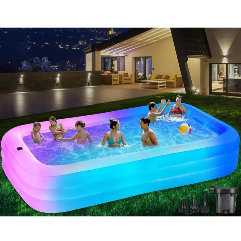 Large Solar Inflatable Pool with 7-Color Lights, 130"x72"x22" Thickened Blow Up Model with Pump, Colorful Kids Outdoor Play Option for Backyard Active Play