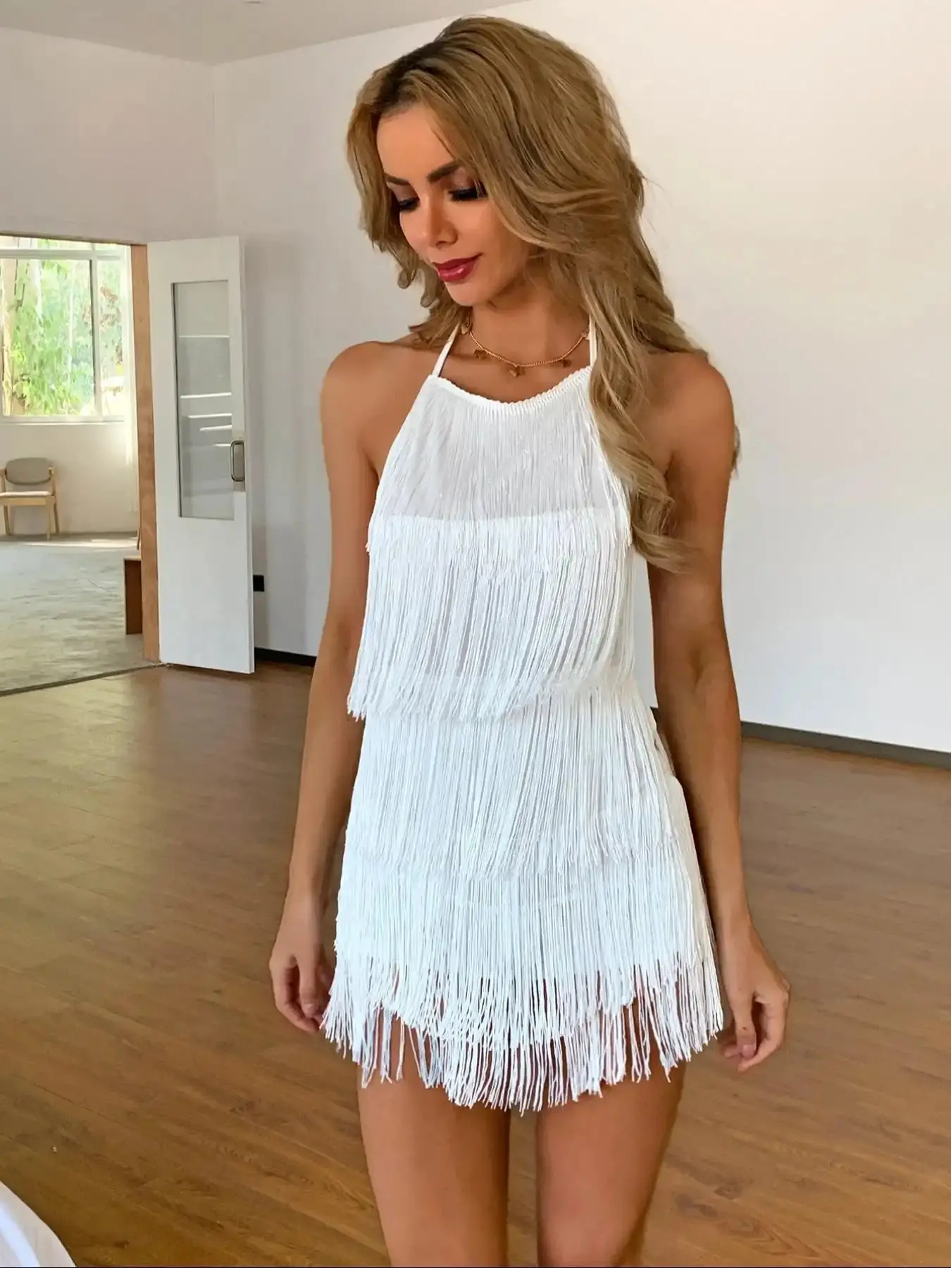 Women's Tiered Layer Tassel Trim Backless Halter Romper, Summer Clothes Women, Women's Clothes for Beach Party, Rompers for Women