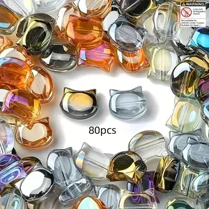 [Unique Kitten's Head Beads] 80 Beads, Bead Assortments, Beads Charms Accessories, 10mm Kitten's Head Glass Beads, Handmade DIY Jewelry Making Materials, Randomly Mixed Colors - Perfect for Necklace, Bracelet Decorations & Holiday Gifts