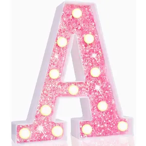 LED Marquee Letter Lights, Light Up Pink Glitter Alphabet Letter Sign Battery Powered for Night Light Birthday Party Wedding Girls Gifts Home Bar Christmas Decoration, Pink Letter A
