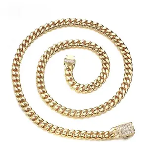 Hip Hop Stainless-Steel Miami 18K Cuban Link Chain Necklace Spring Buckle Closed Cuban Chain Jewelry