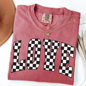 Comfort Colors Retro Valentine Shirt, Varsity Checkered Love Graphic Tee, Distressed Valentines Day Shirt, Trendy Gift for Her