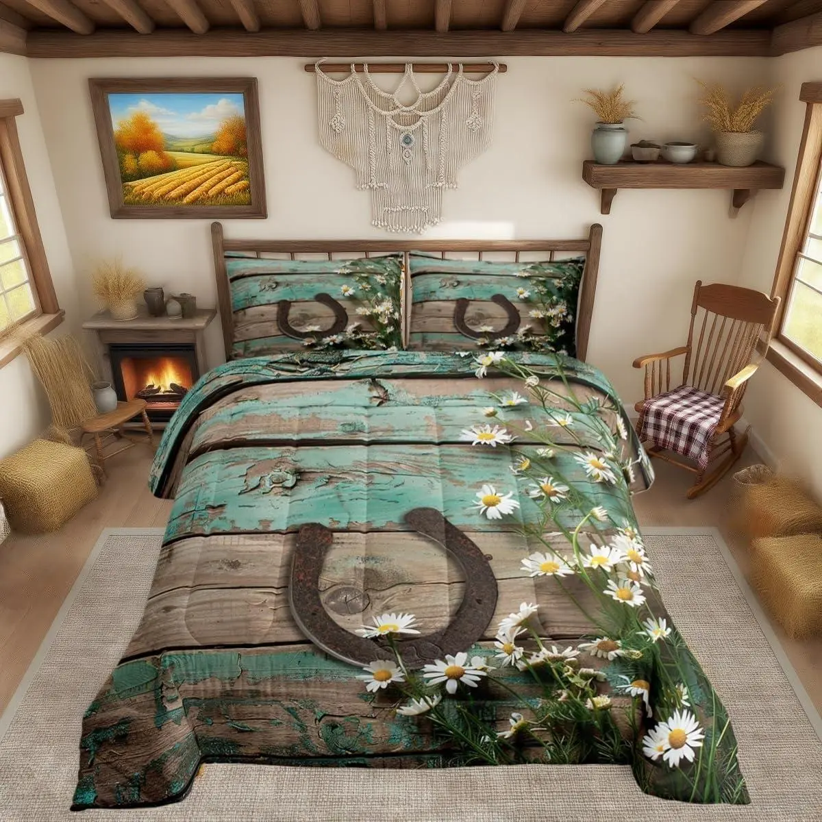 Feelyou Queen Size Microfiber Duvet Set - Western Bedding Set, Teal Rustic Farmhouse Wooden Barn Door Design with Horseshoe, Daisy Floral Details, All Seasons, Machine Washable, Multi-Size, Cozy Silky Sheets, Travel-Friendly, Barn Style Bedroom Decor