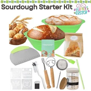 Sourdough Starter Kit with 9” Round & 10” Oval Banneton Proofing Baskets, Bread Baking Supplies & Tools Set, Artisan Bread Making Kit, Easter Gift for Bakers