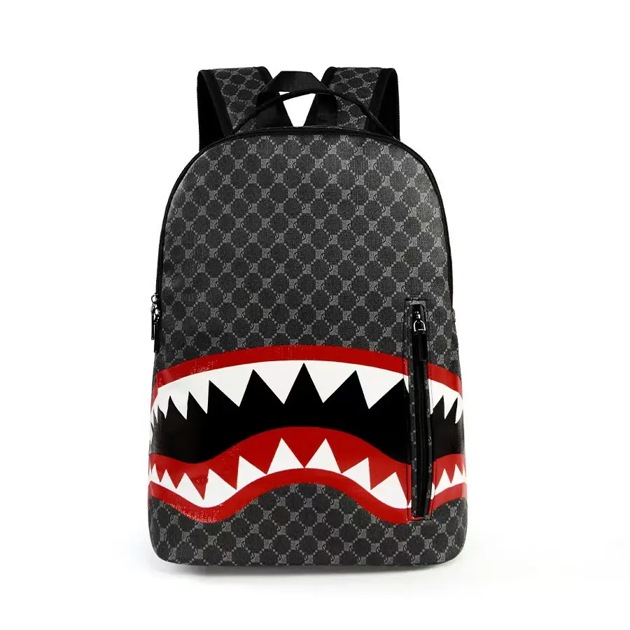 Sprayground Black Monogram-Shark Teeth Print Backpack, Hype Streetwear Large-Capacity Oxford Fabric Laptop Bag, Durable Fashion Backpack For Teen Boys Back To School Daily Use