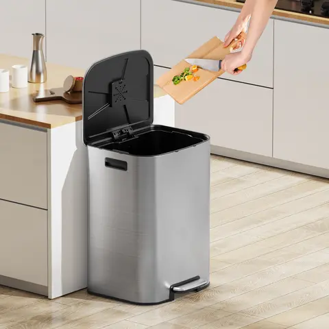 16 Gal (60L) Waterproof Stainless Steel Kitchen Trash Can, KSSKSS Garbage Bin with Soft-Close Lid, Hands-free Step Pedal, Odor Filter Compartment, Handles - for Kitchen, Commercial Use (Silver)