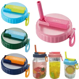 DIPESI 4-piece Colorful Spill-Proof Flip-Top Straw Lids, Wide-Mouth Glass Jar Lids with Straws, PP Lids, Suitable for Travel, Outdoor Use, and Kitchen