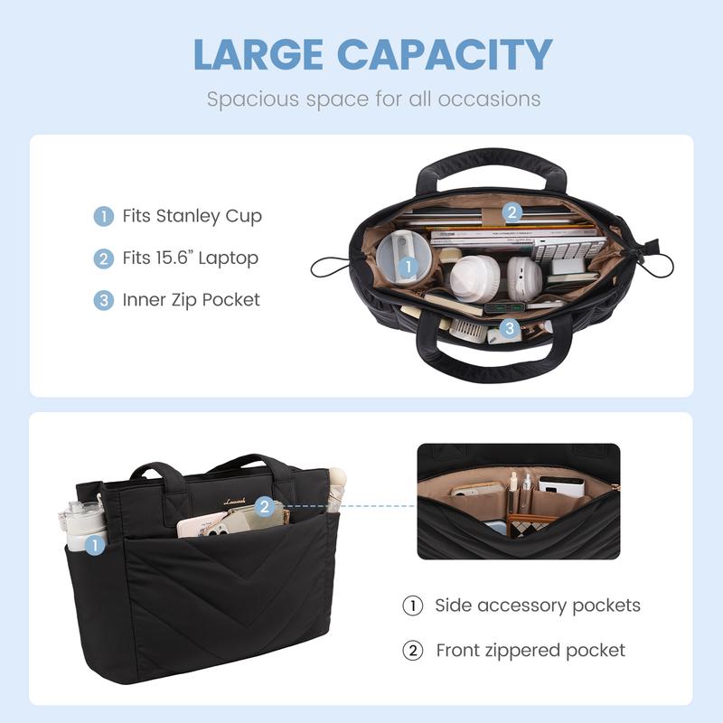 【Valentine's Day Gift】LOVEVOOK Puffer Tote Bag for Women,  Lightweight 15.6'' and 17.3'' Puffy Bag with Multi Compartments, Quilted Shoulder Bag Handbag for Travel, Work,Commuting, EVeryday Bag. TikTokShopJumpstartSale