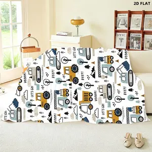 Kids' Space Style Construction Vehicles Printed Throw Blanket, Single - sided Printed, Multiple Specifications Available, Vibrant Design with "LET'S GO!", "BEEP!", "VBOOM!" Phrases, Ideal for Leisure & Napping Scenes
