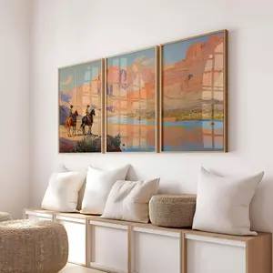 Three-Part Cowboy Theme Wall Art Painting, Vintage Western Horse Poster Print, Desert Theme Room Decoration, Suitable for Living Room, Bedroom, Perfect as a Housewarming or Holiday Gift, Home Decor, Unframed Wall Art