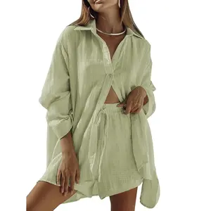 Linsery 2 Piece Summer Outfits Button Down Shirt Top and Shorts Casual Lounge Sets Comfort Womenswear Comfortable Women Lady