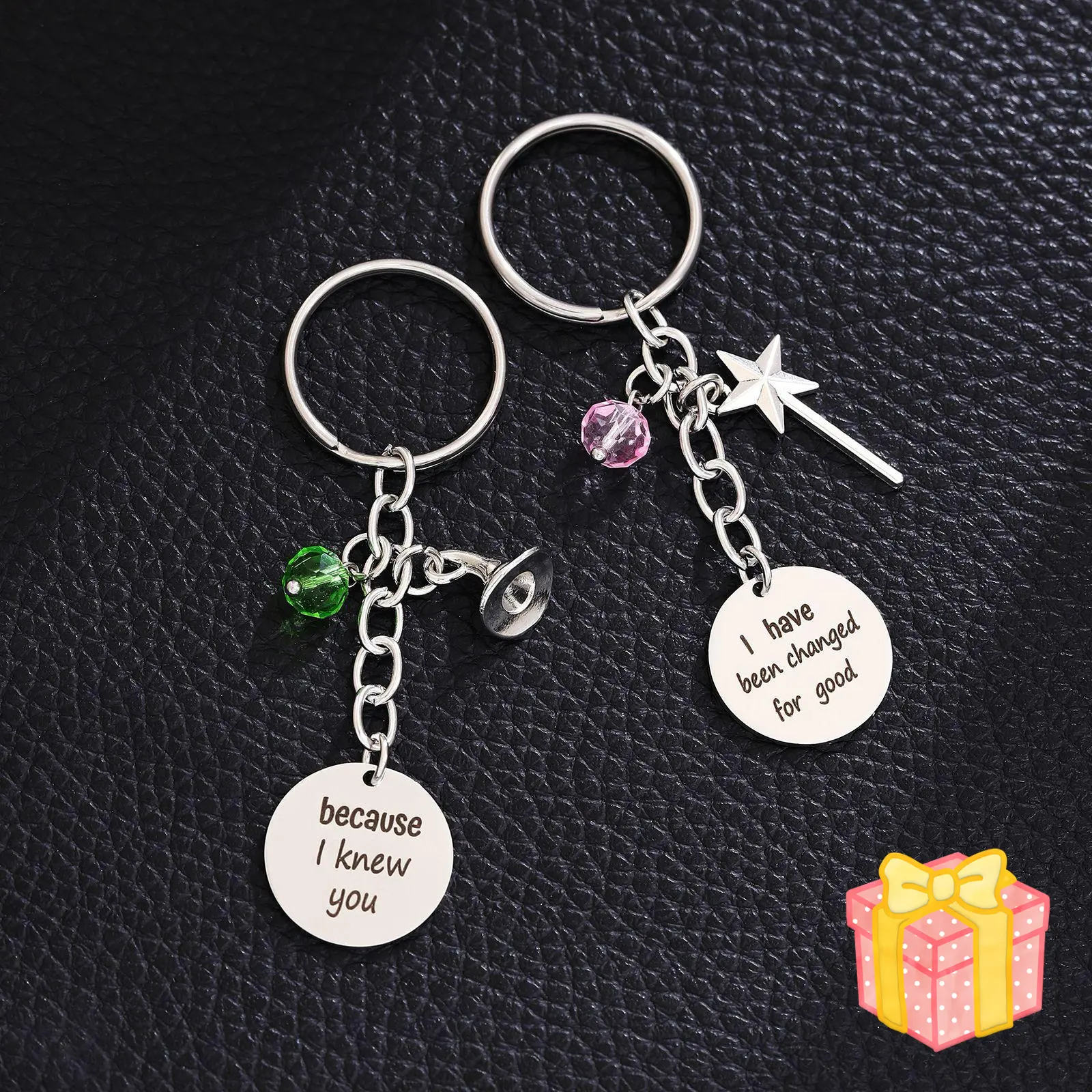2pc Wicked Witch Inspired Stainless Steel Keychain Set - Cute, Chain-Attached, 3D Metal Keychains with Witch Hat & Magic Wand Pendants, Friendship Matching Gift for Employee Appreciation, Fashion Accessory, Cute Keychains