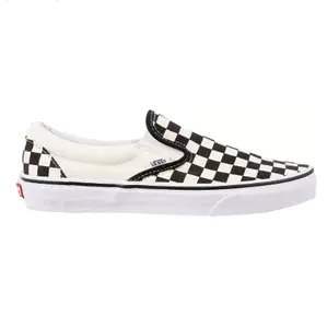 Vans Classic Slip-On Shoes with Black Checkered Pattern, White Sole, and Black Detailing - Girl, Footwear