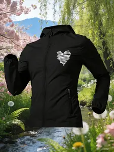 Hand Drawn Doodle Heart Print Women Summer Hooded Zip Up Skin Coat Jacket Four Colors Optional Soft Skin Friendly Comfortable Loose Breathable Lightweight Fashion Casual Outdoor Camping Hiking Cycling Commuting Daily Travel Vacation Must Have New Arrival