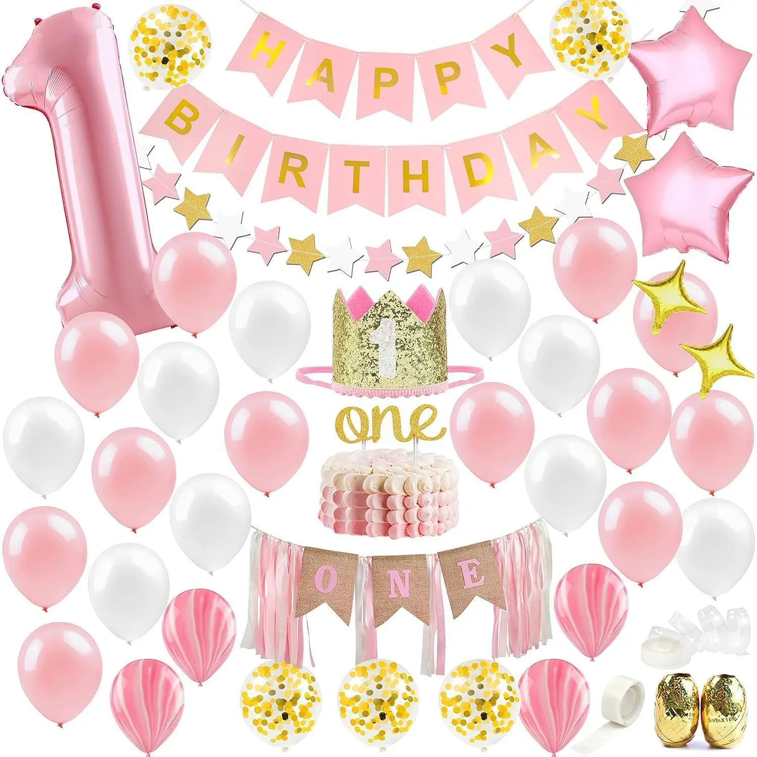 First Birthday Decorations for Girl | 1st Baby Girl Number 1 Balloon, Happy Birthday Banner, “One” Cake Topper, Star Garland, Marble Pink, Gold Confetti, Heart Balloons, Paper Tassels | PartyHooman, Balloon Decor, Pink Confetti