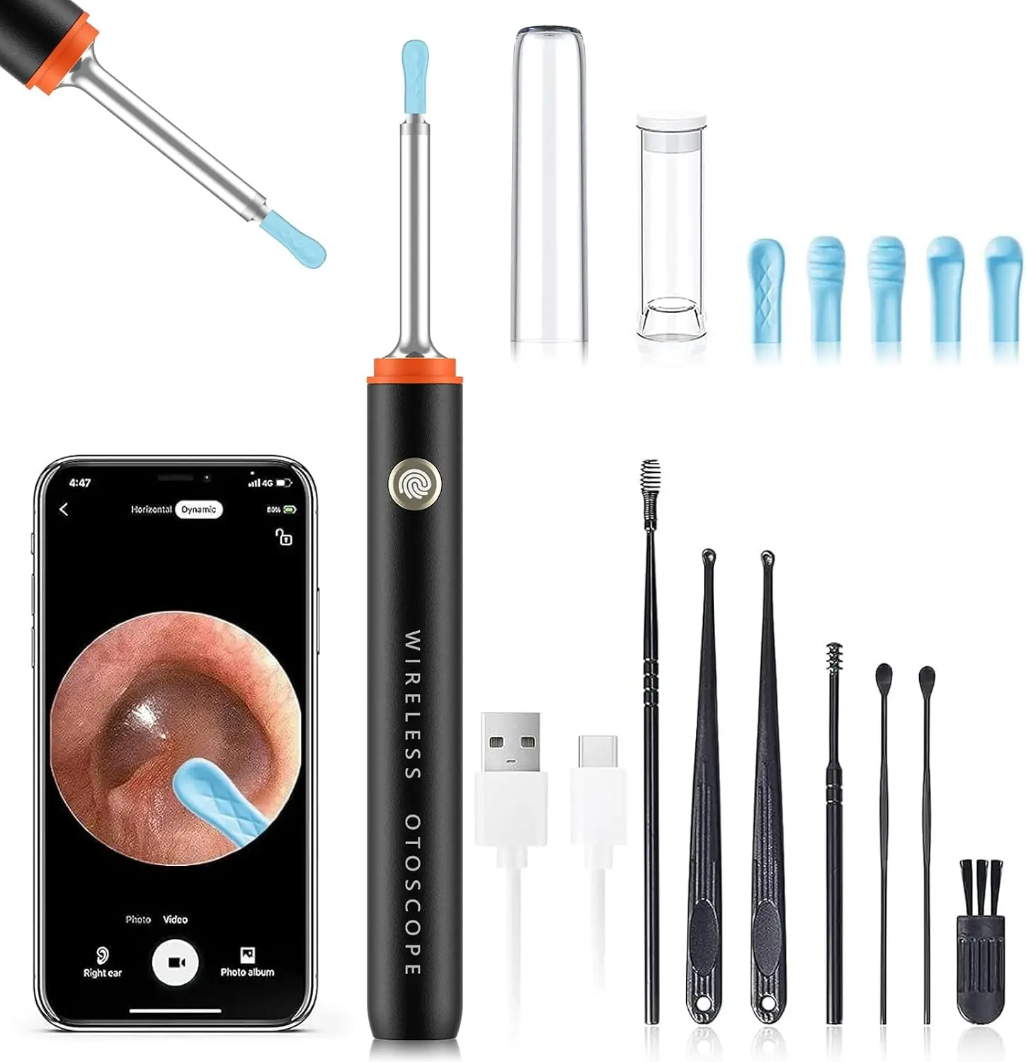 Ear Cleaner with 1080P Camera, Manual Wax Removal Kit, 6 Silicone Spoons, Safe Visual Ear Care, Earscope with Light, Ear Picker for Stubborn Wax, One-Hand Design, Home Travel Use