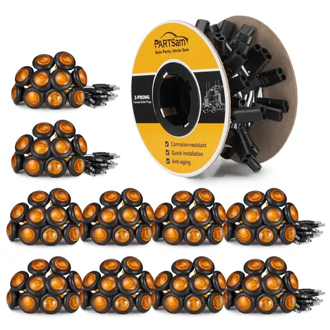 PARTSam 100 Pcs 3/4" Side Marker Amber Lights with Connector Plug & 2 Pin Continuous Wire Harness Roll Quick Install for Trailers Trucks Vans RVs ATVs Buses