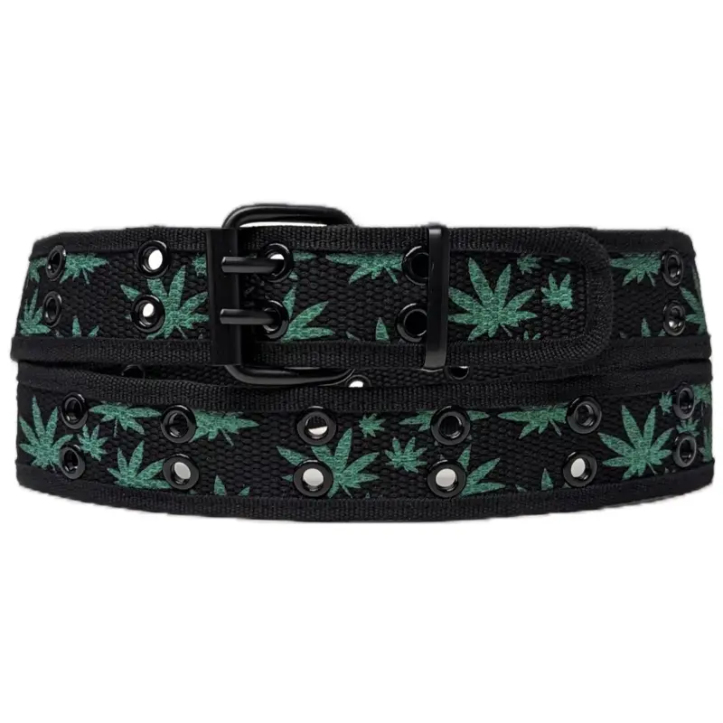Green Leaf 2 Rows Grommet Stitched Canvas Fabric Military Web Belt Heavy Duty Quality Canvas Belt with Leaf Pattern