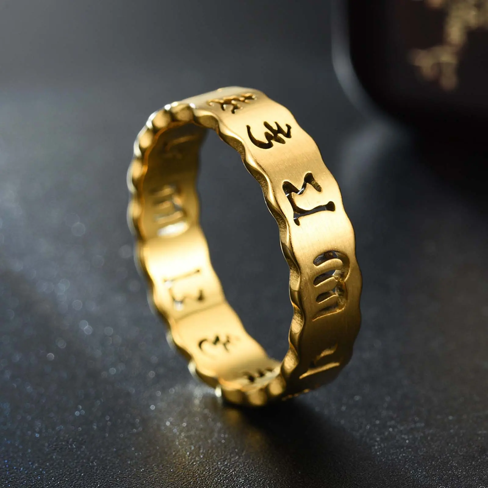 Geometric Cutout Couple Ring Set in Gold Finish with Artificial Gemstone - Bold Minimalist Hollow Matching Jewelry for Adults, Geometric Rings, Golden, Matching Couple Things, Unisex, Daily Wear, Bold Design, Minimalist Bold