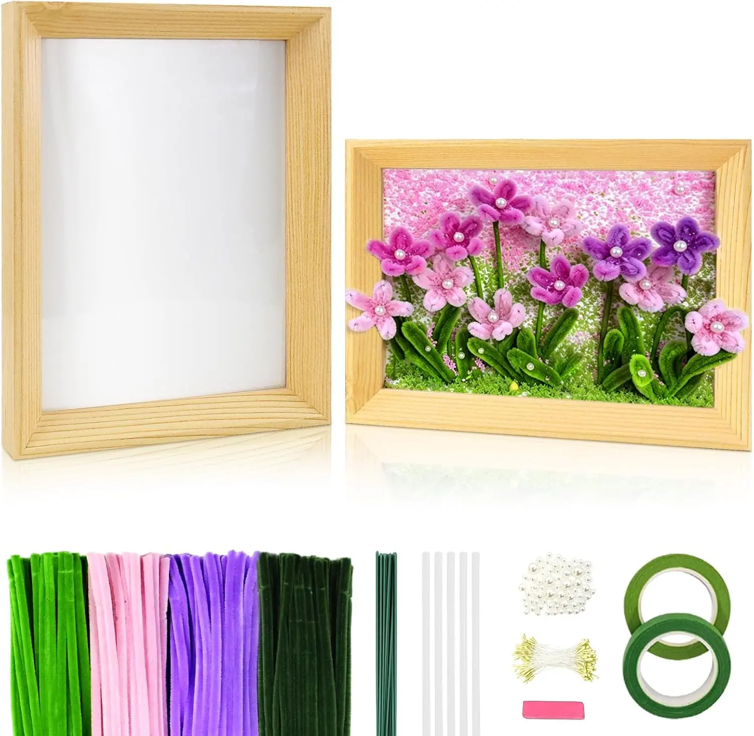 Beanicus DIY Pipe Cleaner Flower Frame Craft Kit, 2 Wooden Display Frames with 200 Multicolor Chenille Stems, Pearl Ornaments, Floral Tape, Metal Wires & Glue Strip for 3D Flower Art, Wall Decor and Handmade Gifts