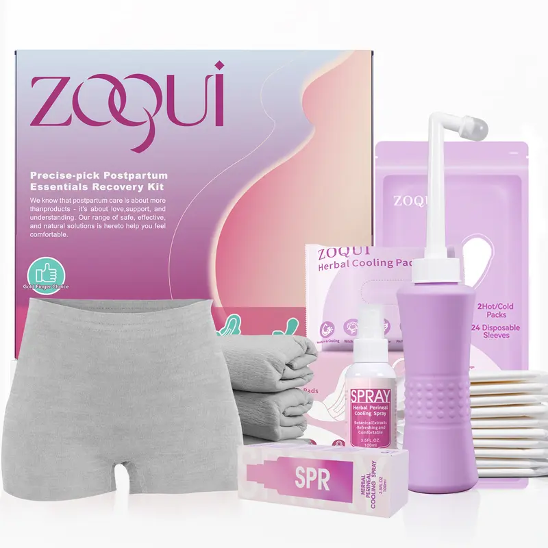ZOQUI Women's Plus-Size 6-in-1 Postpartum Recovery Kit with Plus Size Options, Maternity Essentials for Soothing Cooling Relief & Cleansing, Includes Inverted Perineum Bottle, Perineum Spray, Disposable Underwear, Cooling Pad Liner, 6-Ln-1 Postpartum Reco