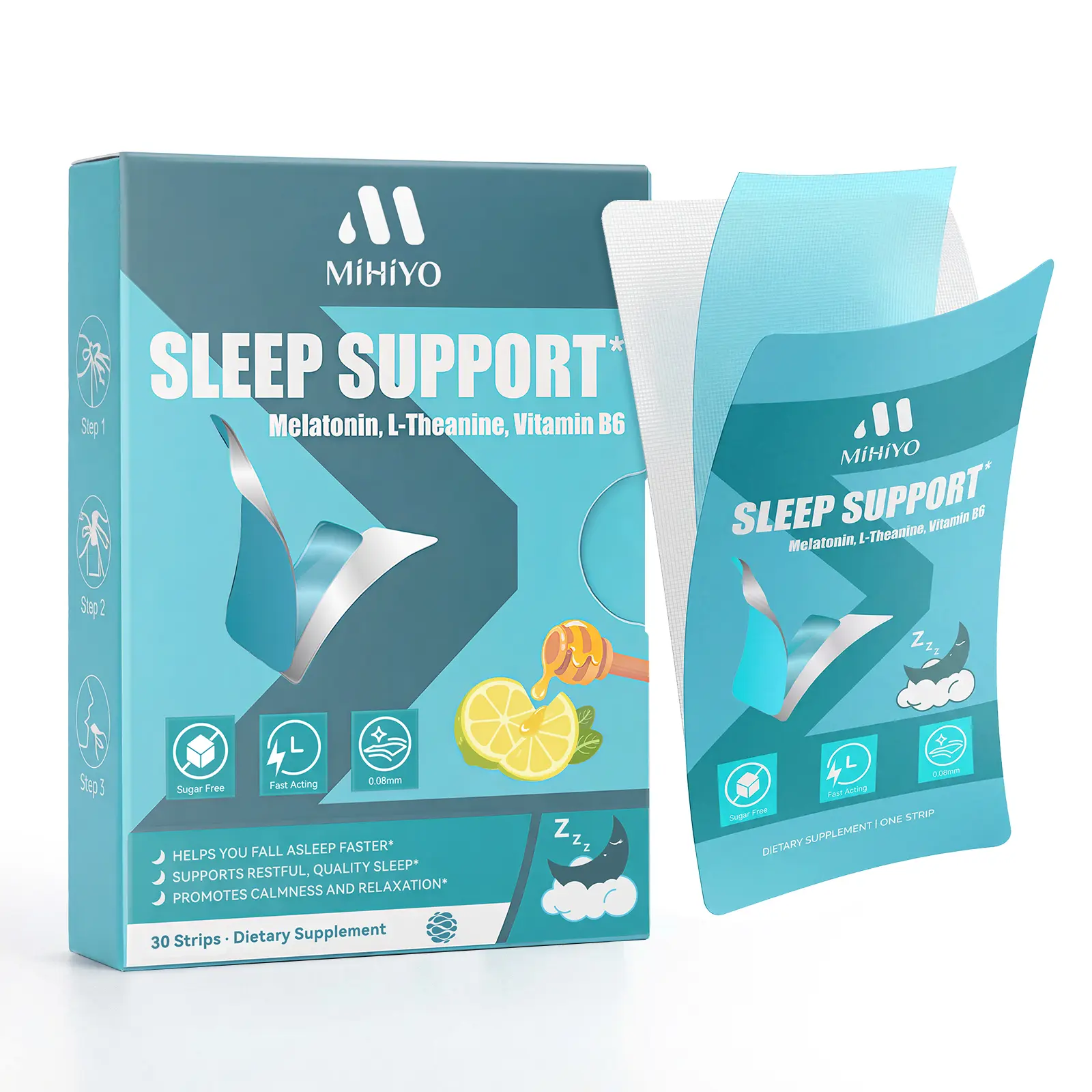 MIHIYO Sleep Support Melatonin Strips - Fast Dissolving, Help Fall Asleep Faster, Sugar Free Honey Lemon Flavor, 30 Strips