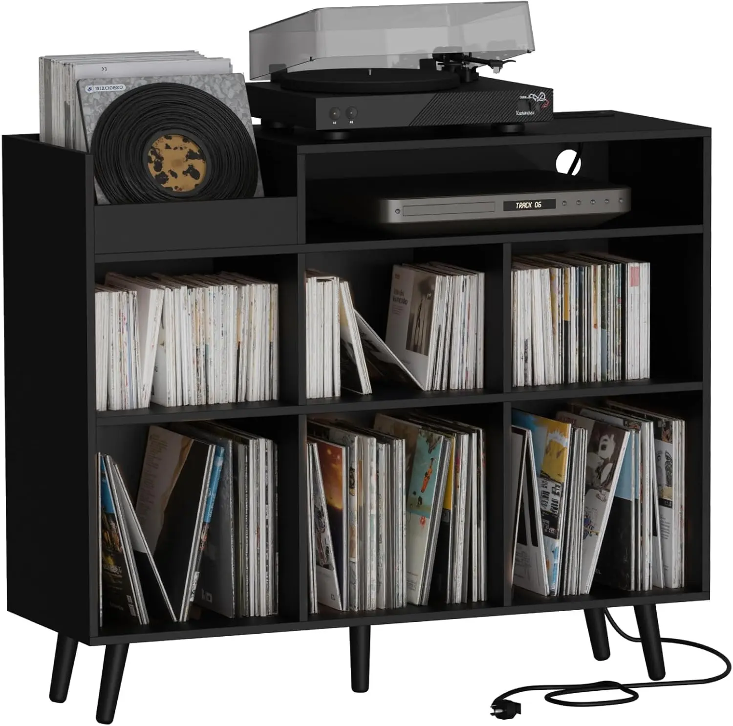 Large Record Player Stand with Vinyl Storage Cabinet, Wood Turntable Table Open Shelf Holder Up to 500 Albums Cube Storage Organizer for Living Room, Office