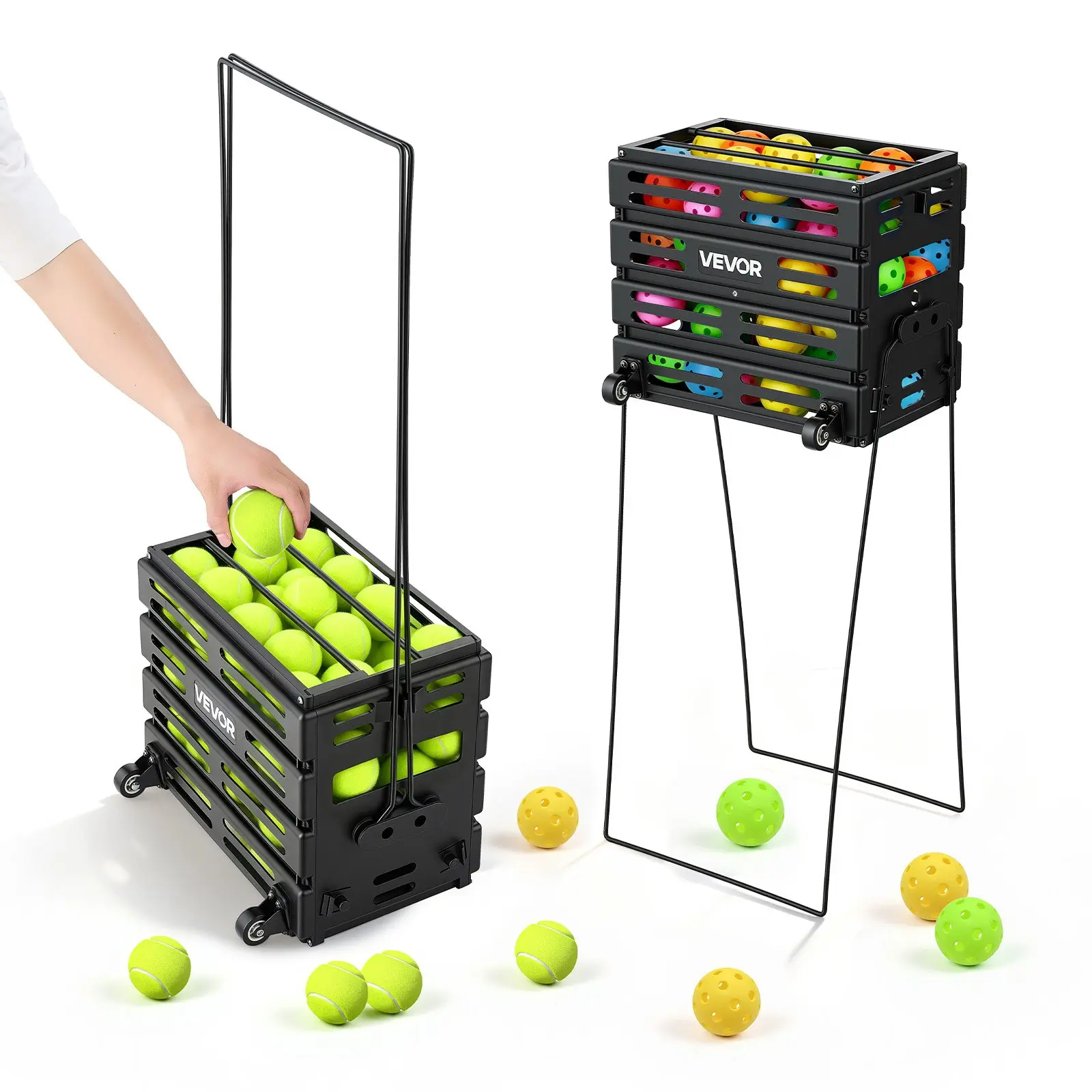 VEVOR Tennis & Pickleball Ball Hopper - 80-Ball Capacity, Plastic & Carbon Steel Long-Lasting Construction, Wheeled Portable Collection Caddy for Training Carrying Storage, Wheels, Holds 80 Balls
