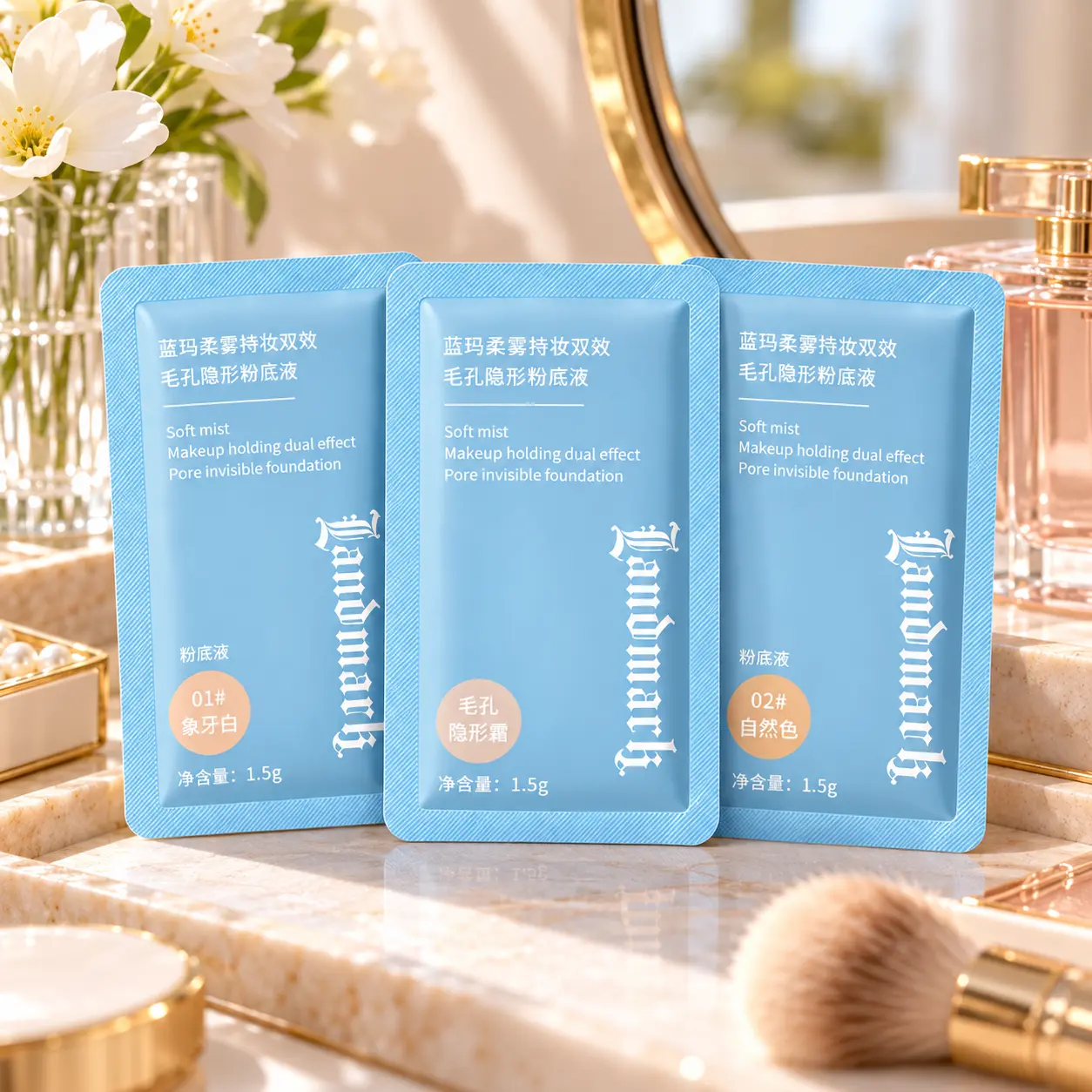 Landmark Soft Mist Foundation Sample Sachet, 1.5g Single-Use Matte Liquid Makeup Trial Pack - Lightweight, Pore-Blurring, Smooth Finish, 2 Shades (Ivory, Natural) Cosmetic