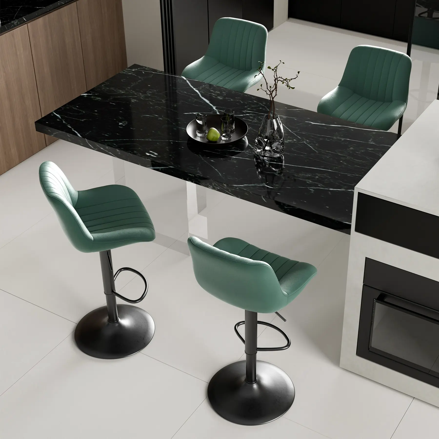 Green Swivel Bar Stools Set of 2 with Backs, Adjustable Counter Height Kitchen Island Chairs, 360° Spin Modern Performance Fabric Stools for Home, Cafe