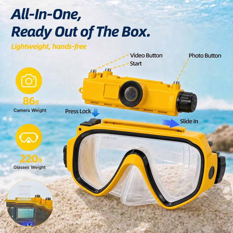 2K Underwater Camera Diving Mask for Adults, 170° Wide Angle Snorkeling Mask, Anti-Fog Tempered Glass, Detachable WiFi Camera with 32GB Card