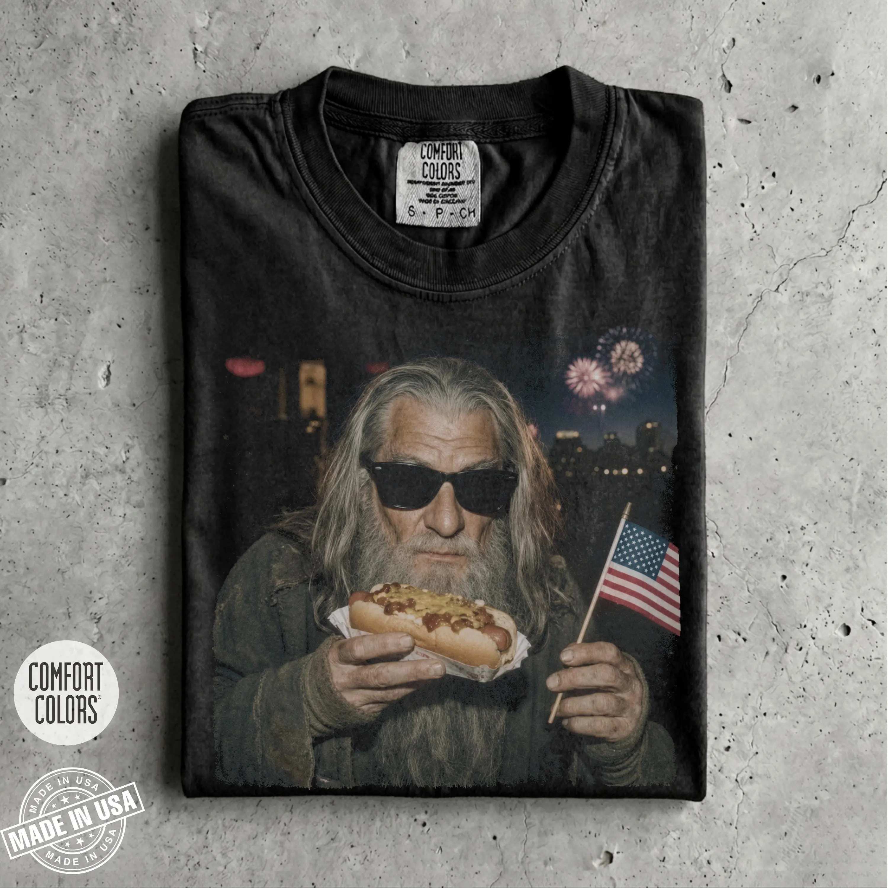 Comfort Colors 4th of July Gandalf Wizard Hotdog Shirt, LOTR Inspired T-Shirts, Funny LOTR Wizard Meme Graphic Tee, Patriotic Gift