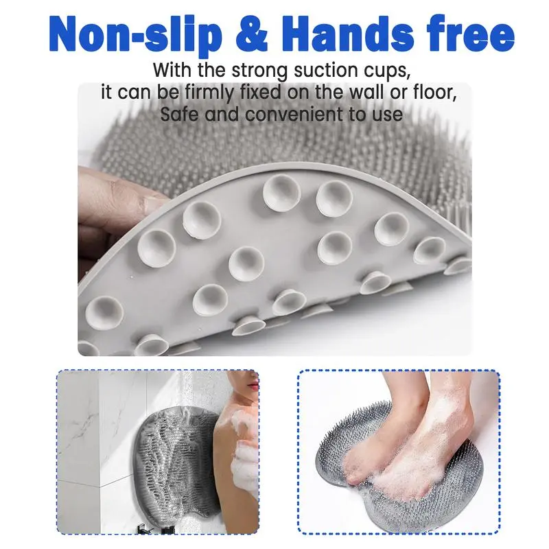 Grey Silicone Shower Ft Scrubber Mat with Compartment - Wall-Mounted Bathroom Accessory, Back & Ft Exfoliating Tool, Soft Bristle Massage Cleaning Pad, Slip-Resistant Suction Cups