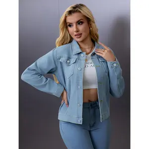 Women’s Classic  Wash Denim Jacket - Casual Button Down Jean Coat with Long Sleeves and Pockets