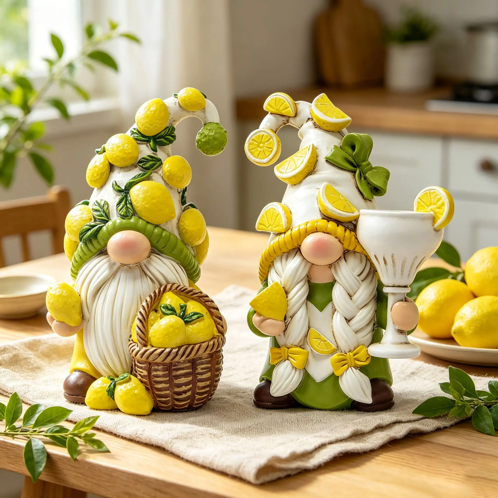 Sangeren 2Pcs Lemon Fruit Gnome Resin Figurine Set, Whimsical Summer Farmhouse Decor, Hand-Painted Tiered Tray Ornament, Cute Kitchen Tabletop Statue, Perfect Housewarming Birthday Gift for Summer Home