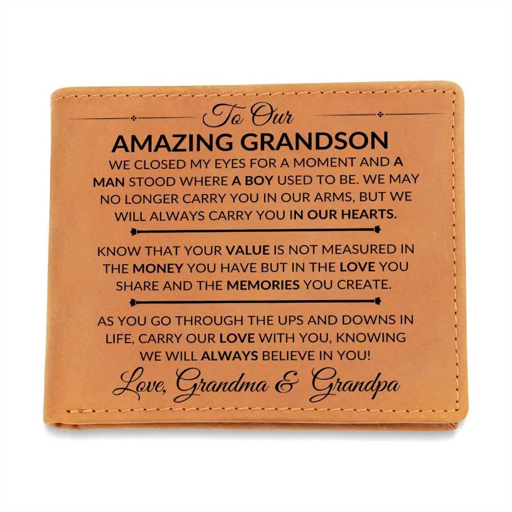 Men's Custom Bi-fold Leather Wallet - Birthday Gift for Grandson from Grandma & Grandpa, Happy Birthday, Printed Front, Full Grain, Slim Bifold, Card Slots, Bifold/Trifold Wallet