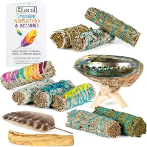 10 Sage Smudge Kit - Flower Sage, White Sage, Blue Sage, Yerba Santa, Cedar, Juniper & Palo Santo Smudge Sticks, Abalone JL Local