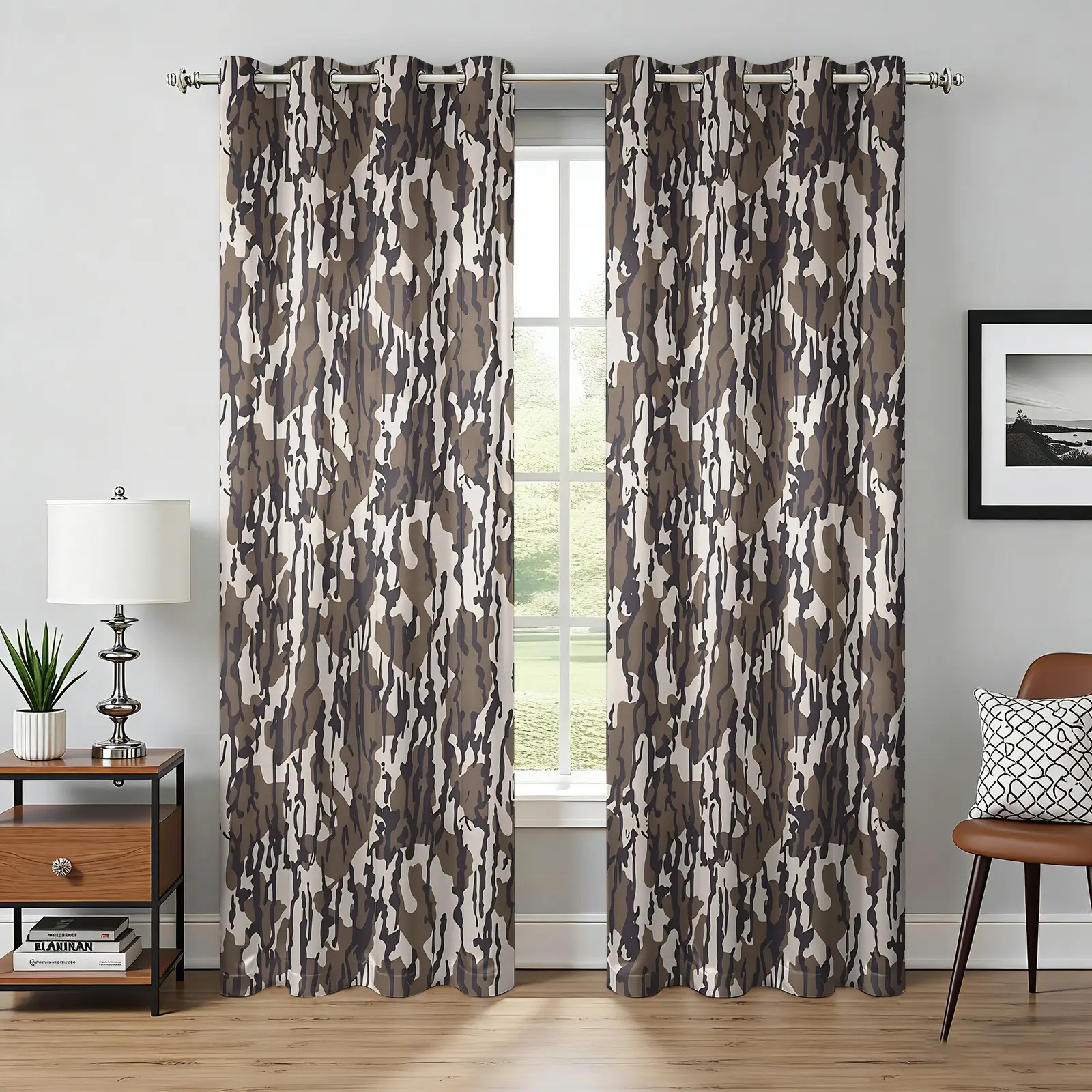 2 Panels Earth Tone Camouflage Blackout Curtains Sun Blocking Noise Reducing Window Treatments with Neutral Brown Tree Bark Camo Design for Bedroom Living Room Office Hunting Lodge Rustic Outdoor Themed Decor Window Drapes